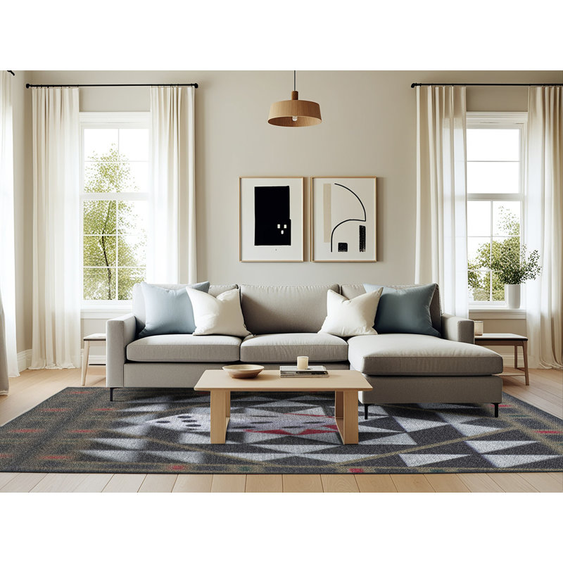 Tapis noir/brun/blanc tissé à la machine, Rectangle 6 pi x 9 pi