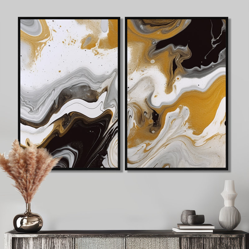 Vagues de marbre doré et noir III - Fractals Large, Impression encadrée flottante sans passe-partout, Noir, H 36 po x l 48 po
