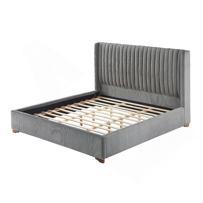 Modern Upholstered Platform Bed With Corduroy Wing Headboard, King, Dark Gray