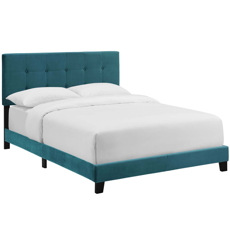 Lit en velours Amira Performance, Double, Bleu mer