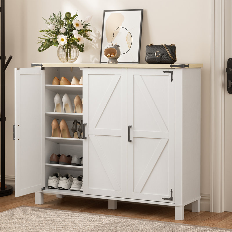 46'' Farmhouse Shoe Storage Cabinet with 3 Doors, Large Capacity Entryway Organizer with Adjustable Shelves for 28+ Pairs