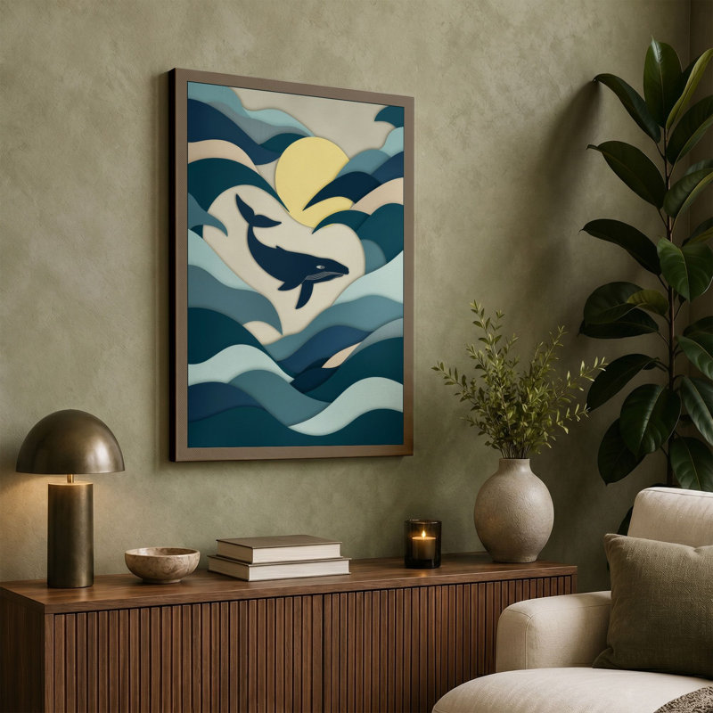 Whale in Motion Coastal - Wrapped Canvas, 24x16 - 61.0 x 40.6 cm, Taupe Border