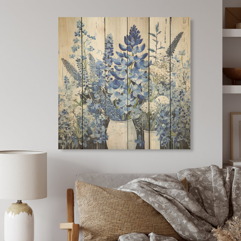 Blue Bonnets in Vase Minimalisme Harmony - Blue Bonnets, art mural sur bois de pin naturel, H 15 po x l 15 po