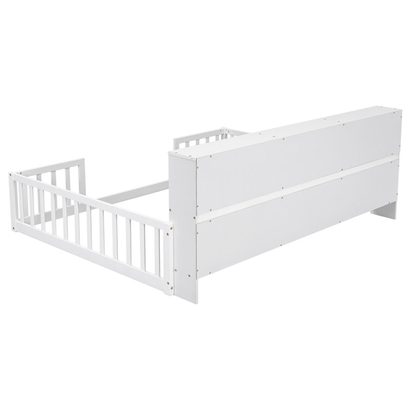 Lit double au sol avec bibliothèque latérale, tablettes et garde-corps en blanc, assemblage facile pour la chambre à coucher