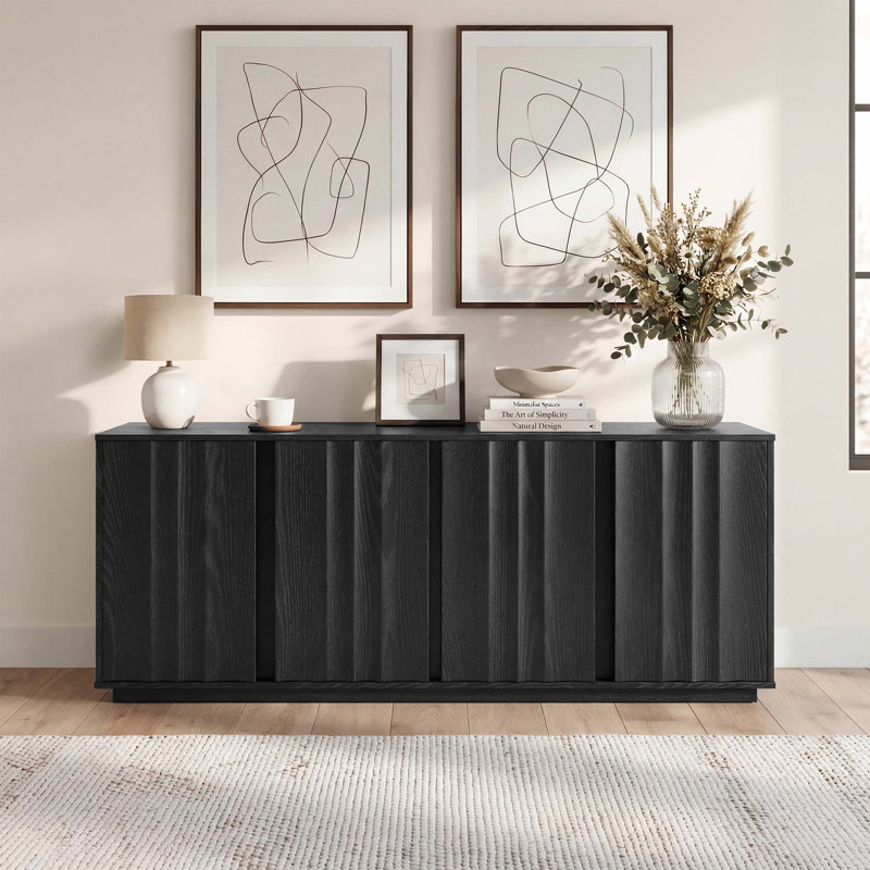 63''W Modern Fluted Sideboard with Adjustable Shelves, Black