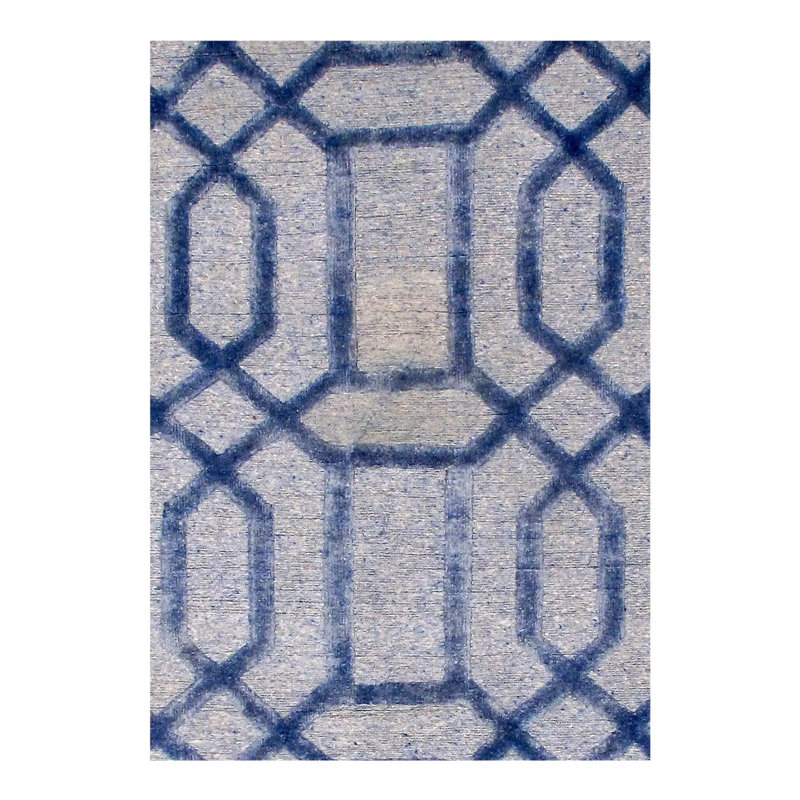 Tapis géométrique bleu clair / gris en laine / coton noué à la main 4 pi x 6 pi Aleyse