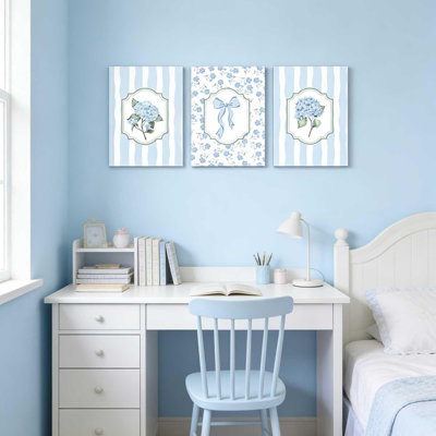 3Pcs Blue Hydrangea Canvas Wall Art Trendy Light Blue Striped Watercolor Bow Coquette Pictures Wall Decor Coastal Flower Botanical Aesthetic Posters Prints For Girls Bedroom Dorm Apartment 12X16in