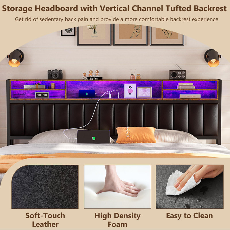 King Size Black Upholstered Bed with LED Lights, Storage Drawers, and Bookcase Headboard