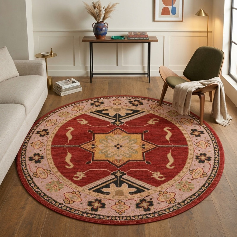 Tapis d'intérieur rectangulaire oriental fait main en soie et laine rouge et beige, noué à la main, Rond 6 pi
