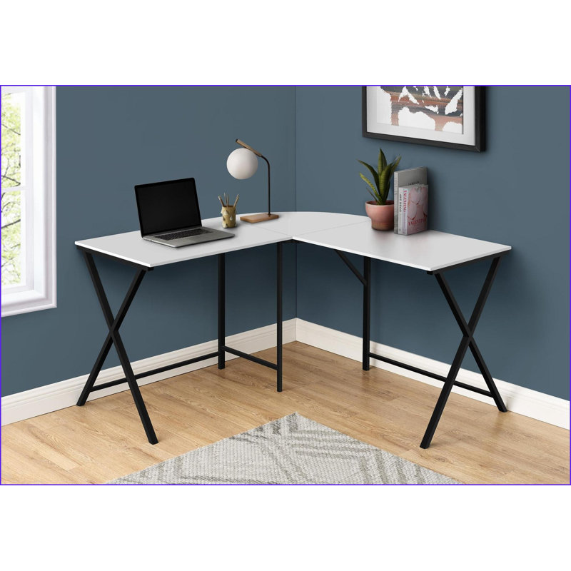 Bureaux, bureau d'ordinateur d'angle contemporain en forme de L 55 po, métal noir stratifié blanc | Blanc | Panneau de fibres à densité moyenne