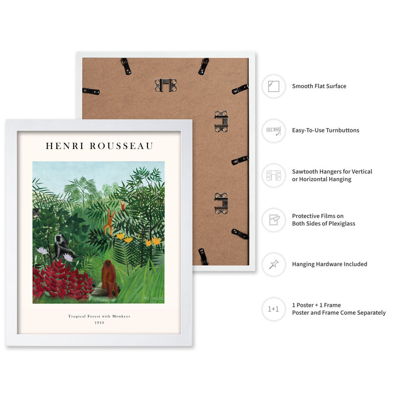Henri Rousseau - Forêt tropicale avec des singes, Affiche, Encadrement blanc, H 11 po x l 14 po
