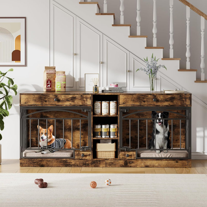 Meuble de cage pour chien pour 2 chiens, chenil intérieur avec bols de rangement et d'alimentation, meuble télé double avec cage pour petits chiens de taille moyenne, brun