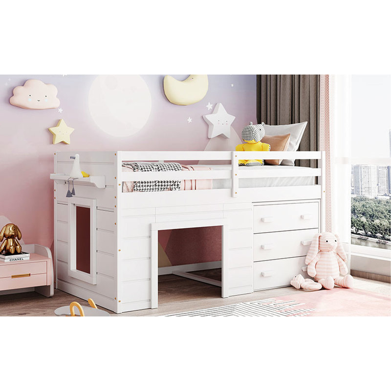 Lit mezzanine simple en bois massif blanc avec armoire et tablette décorative blanche, Blanc