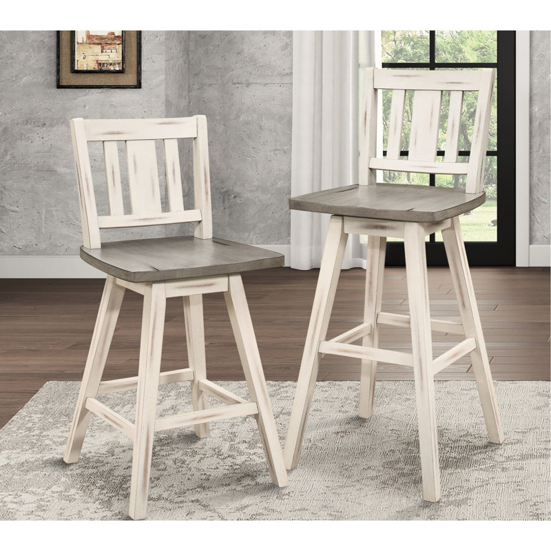 De 2 chaises pivotantes à hauteur de bar, bois d'hévéa massif, patiné, dossier à lattes verticales, mobilier de salle à manger rustique 2 bistro, sièges de salle