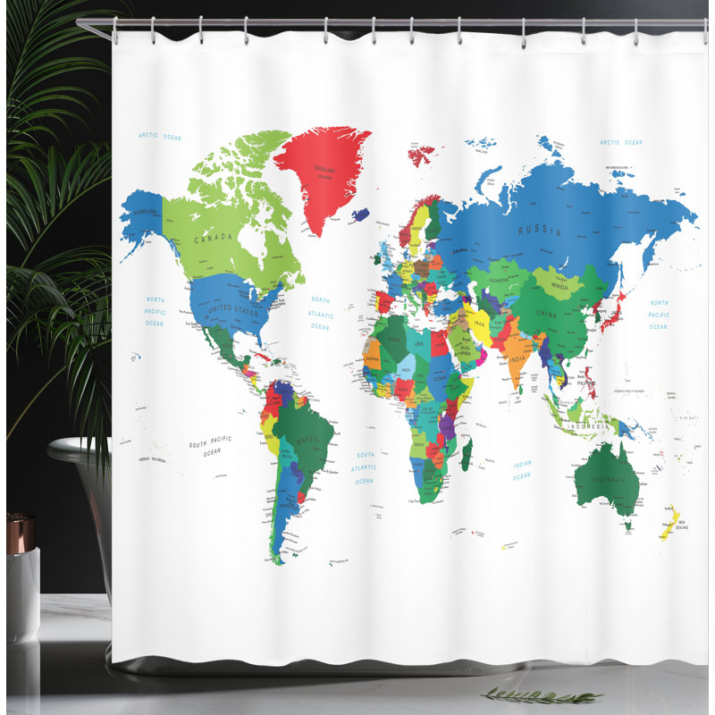 Ensemble de rideau de douche avec crochets World Map, H 70 po x l 69 po