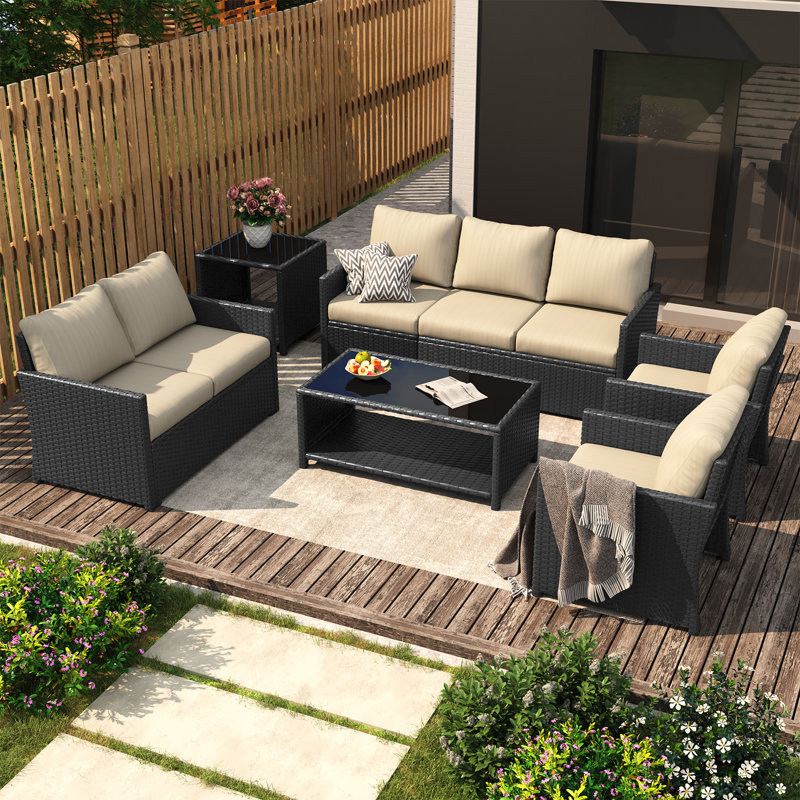 Ensemble de conversation en osier / rotin pour 7 personnes avec coussins Aun, Beige, Noir