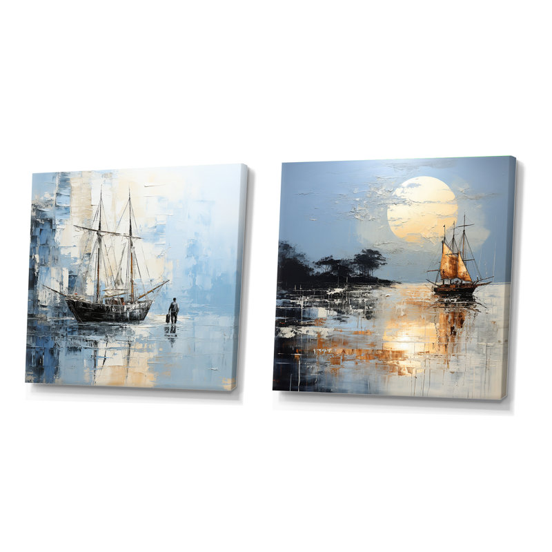 Minimalisme, paysage de pirate bleu et blanc - ensemble de 2 carrés côtiers, Toile tendue, H 30 po x l 61 po