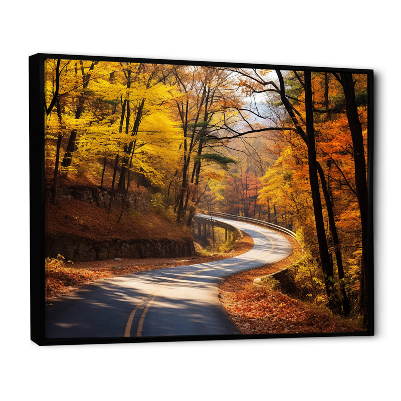 Route dorée d'automne II - art mural, Cadre flottant noir, H 34 po x l 44 po x P 1,5 po