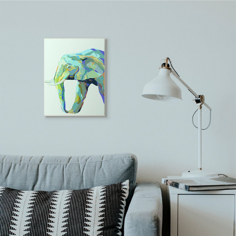 «Elephant Abstract Shapes Blue Green Animal Design» par Ziwei Li - impression d'art graphique, H 13 po x l 19 po