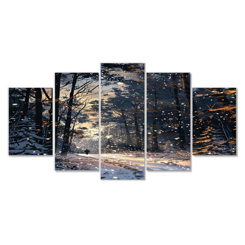 Chemin enneigé à travers la forêt d'hiver - ensemble d'art mural forêt 5 pièces, H 32 po x l 60 po
