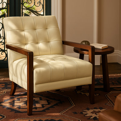 Chaise d'appoint Mid-Century moderne en cuir véritable avec accoudoirs en bois de noyer
