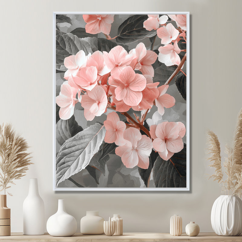 Doux hortensia rose en niveaux de gris III - hortensia, art mural, Impression encadrée sans passe-partout, H 44 po x l 34 po