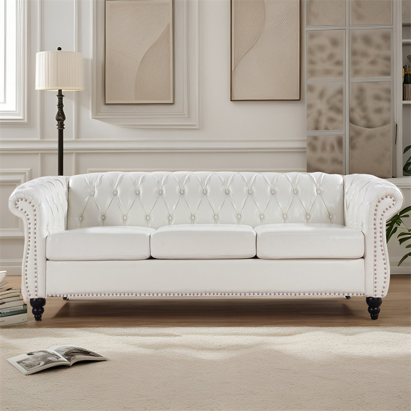 Arlen 84.65'' Faux Leather Rolled Arm Sofa,Nailheads,couch, White Faux Leather