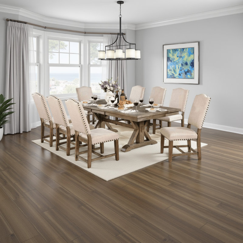 Juli 9Pc Dining Table Set With Expandable Leaf, 8 Beige Fabric Chairs