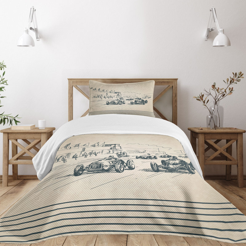 Twin Beige and Forest Green Racing Car Sketch Bedspread Set