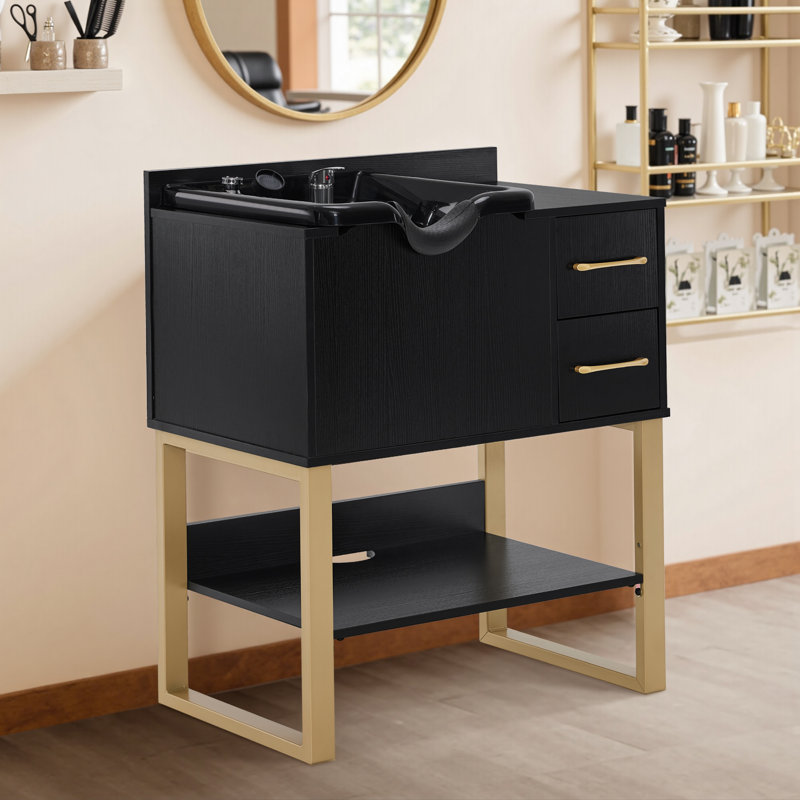 Station de shampooing avec lavabo avec robinet, 2 tiroirs et tablette de rangement, Doré