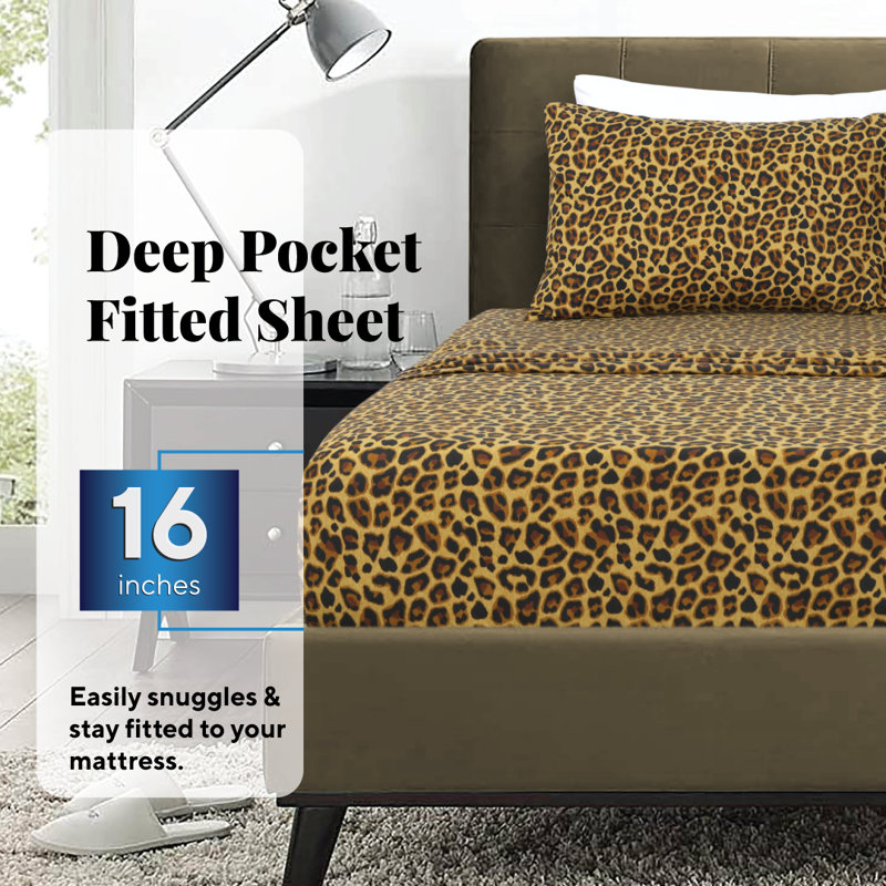  100% Percale Cotton Sheet Set, Leopard Brown, Queen Sheet Set + Fitted Sheet + Pillowcase
