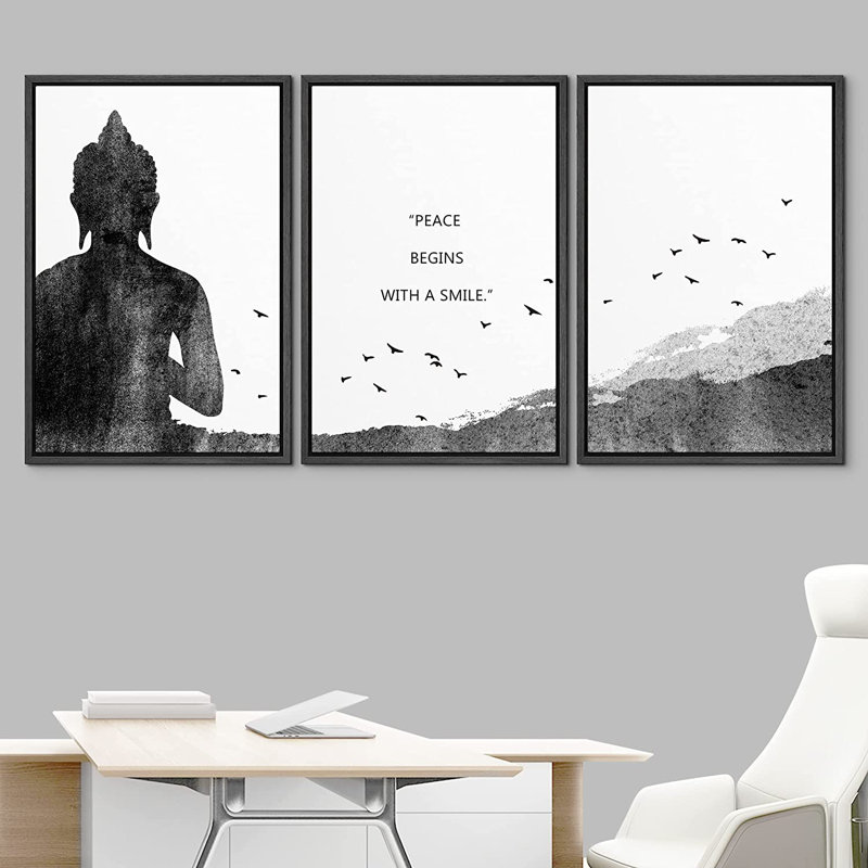 Ensemble d'œuvres d'art mural sur toile, Bouddha, Cadre noir, L 48 po x H 24 po