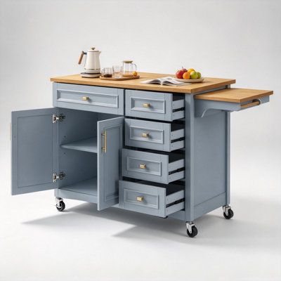 52-inch mobile kitchen island featuring a drop-leaf extension and an elegant embossed-texture countertop; equipped with a spice rack, towel bar, doubl