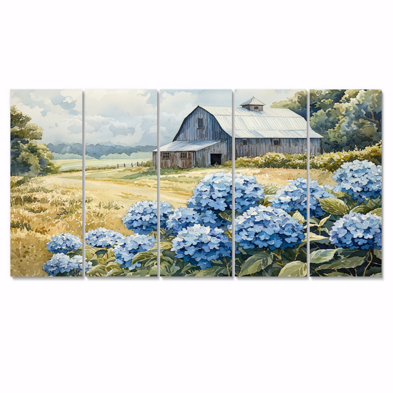Champ d'hortensias dans la cour de ferme - Art mural hortensia - Art mural traditionnel sur toile, H 32 po x l 80 po, 5