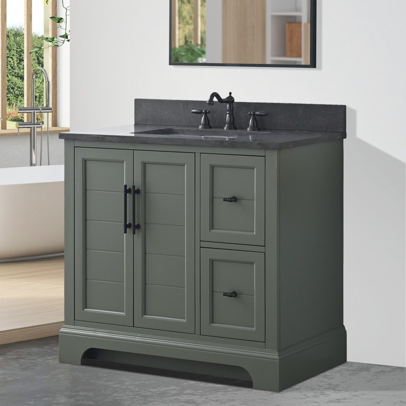 Vannes 36" Single Sink Freestanding Bathroom Vanity with Black Stone Top, Vintage Green
