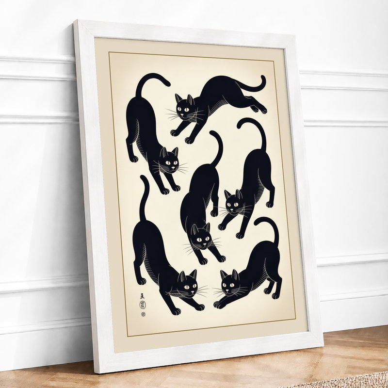 Six Cats Dancing Japandi - Framed Print, A3 - 42.0 x 29.7 cm, White