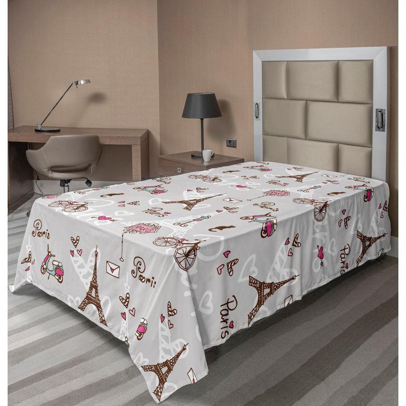 Drap plat Ambesonne Paris Tour Eiffel et cœurs bleu pâle / rose / rose, Simple extra long