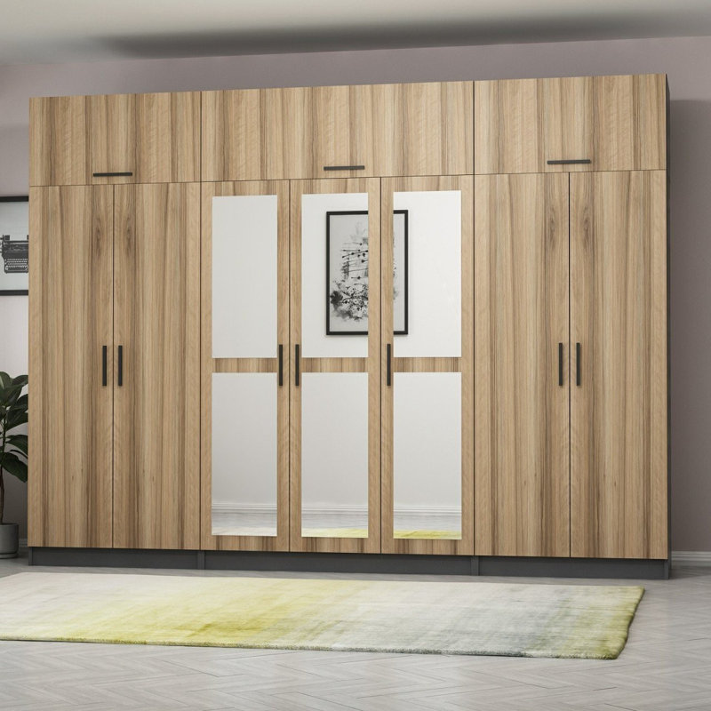 Elina 7 Door Manufactured Wood Wardrobe, 255cm H x 315cm W x 52cm D, Brown