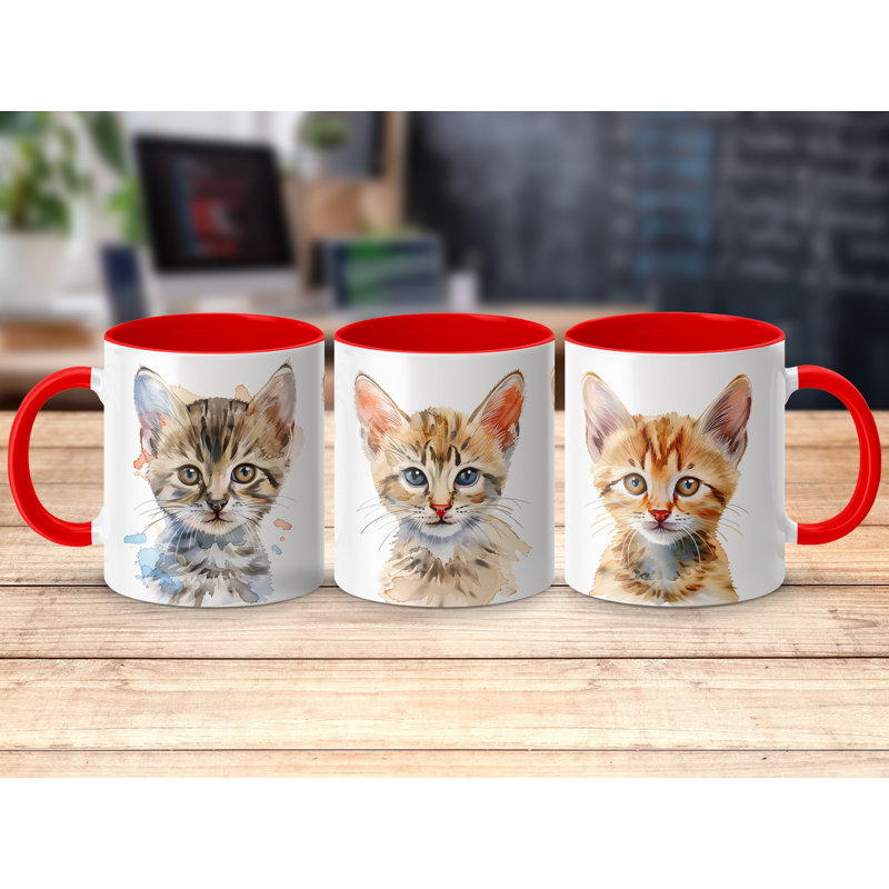 Cat Design 11oz Accent Mug – White Ceramic Coffee Cup with Colored Handle and Interior, Red, 2