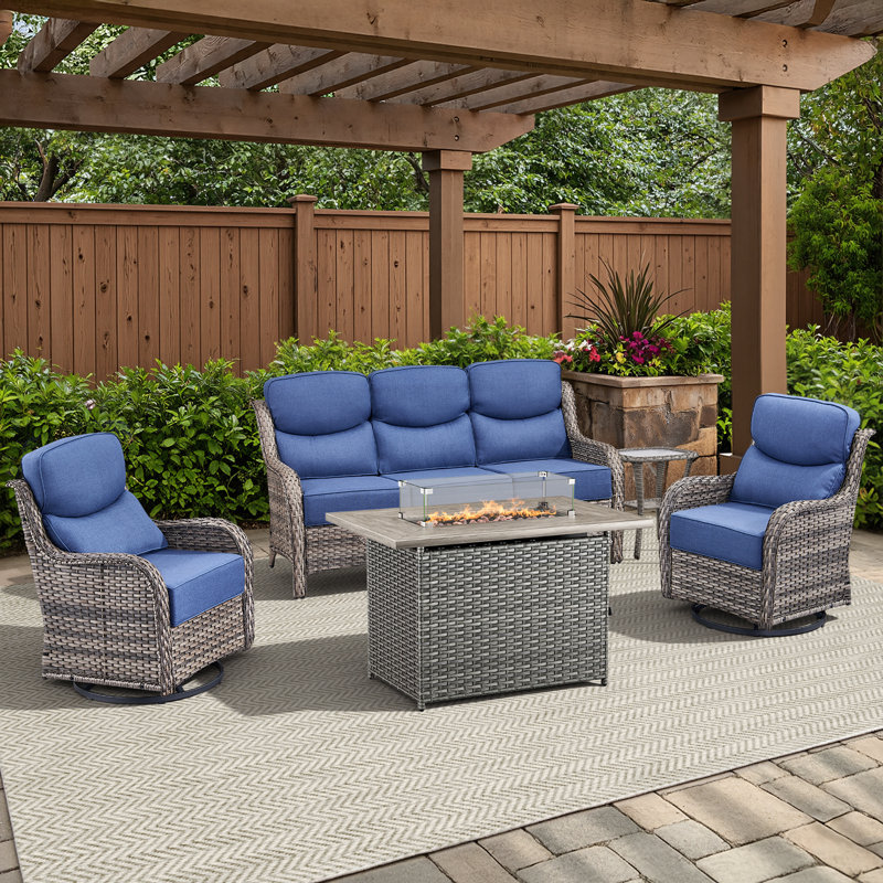 5-Piece Outdoor Wicker Patio Night Fire Pit Table Set With Coffee Table, Gray, Blue