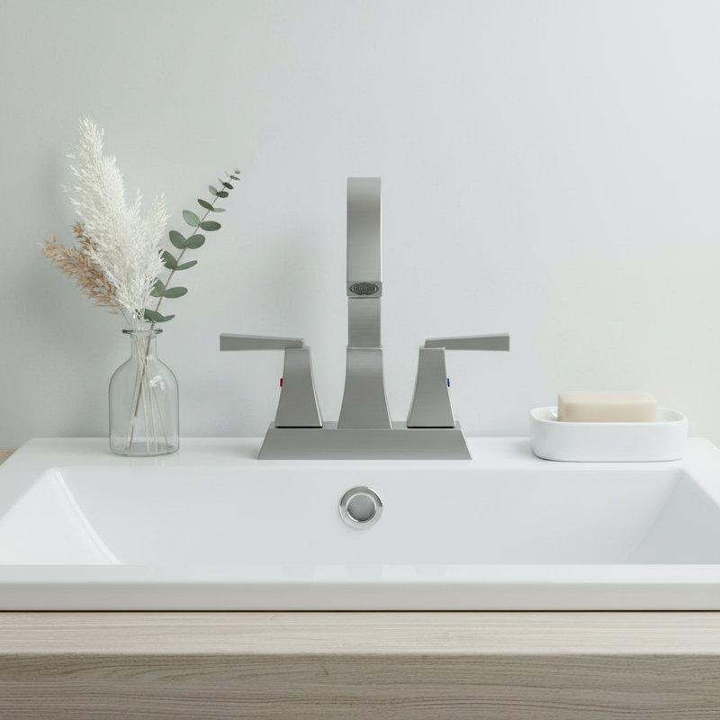 Modern Two Handle Centerset Bathroom Faucet with Pop-Up Drain and Supply Lines, Brushed Nickel