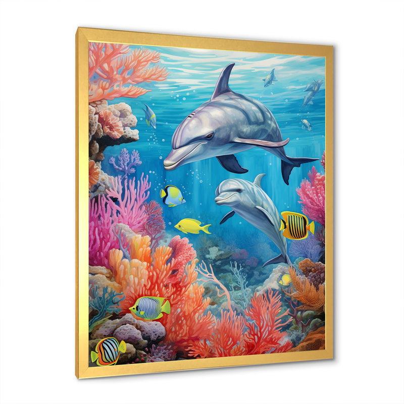 «Dolphin Family Ocean Ballet» sur toile, H 20 po x l 12 po x P 1 po, Cadre doré simple