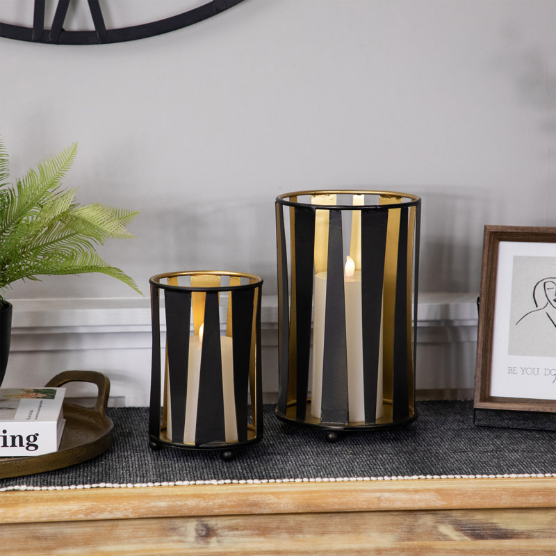 Abstract Iron Pillar Candle Holders - 9" - Black And Gold Finish - Set Of 2