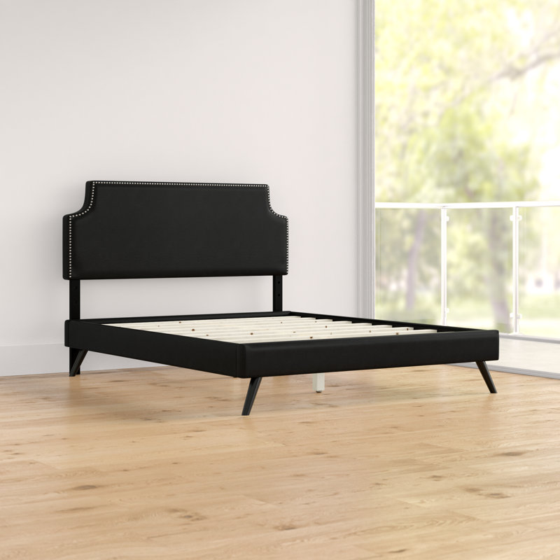 Laura Vinyl Platform Bed with Round Splayed Legs, White, Full