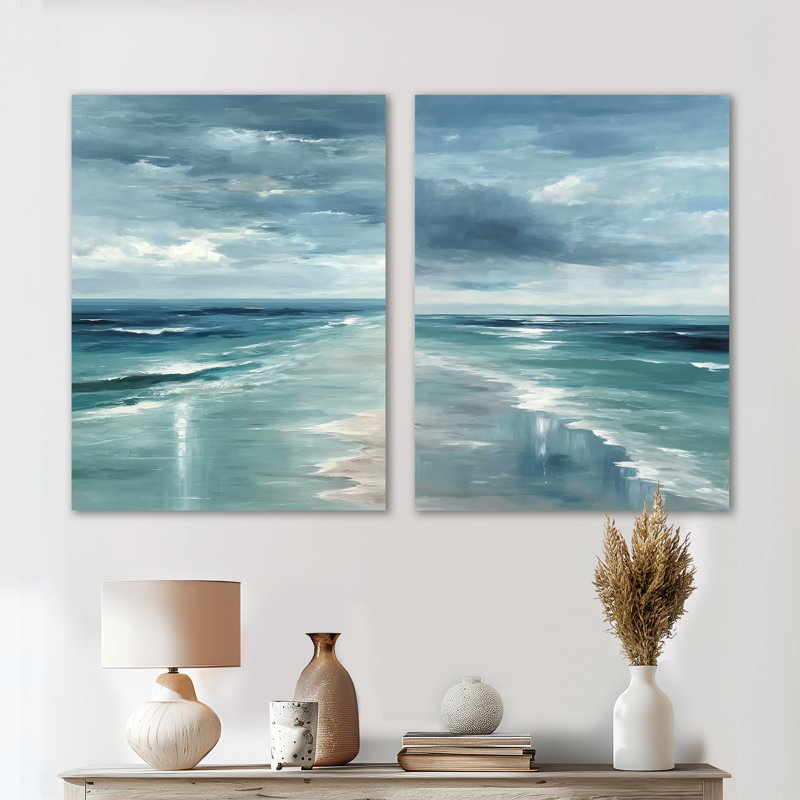 Vagues côtières dans des tons bleus et blancs - impression sur toile côtière, ensemble d'art mural blanc côtier de 2