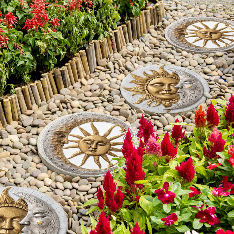 10"D Set Of 2 Cement Sun And Moon Textured Stepping Stones