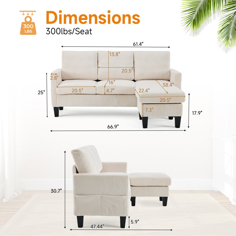68.5 In. W Square Arm Corduroy L-Shaped 3-Seat Sofa With Storage Ottoman, Beige
