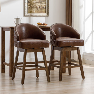 Swivel Counter Height Bar Chair with Backrest PU Upholstery Wooden Legs and Footrest