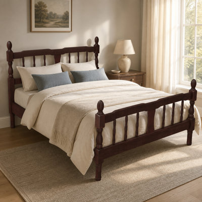 Full Size Wood Platform Bed Frame with Spindle Headboard & Footboard, Farmhouse Style, No Box Spring, Dark Walnut