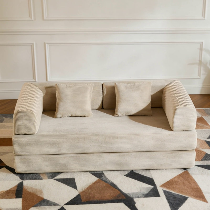 Convertible Sleeper Sofa Bed With Cylindrical Pillow, Corduroy Folding Mattress Couch For Small Spaces, Corduroy, Beige